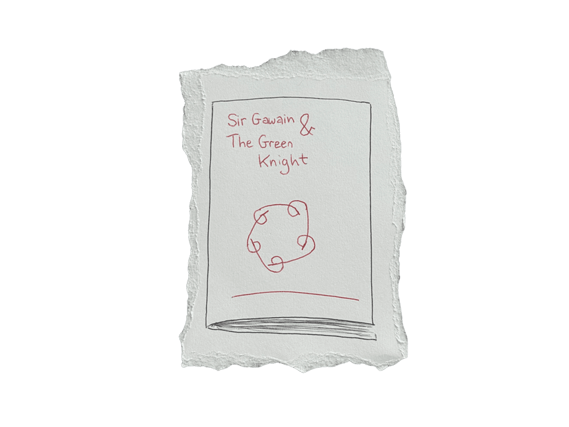 Hand-drawn cover mockup of Sir Gawain and the Green Knight on torn deckle-edge paper